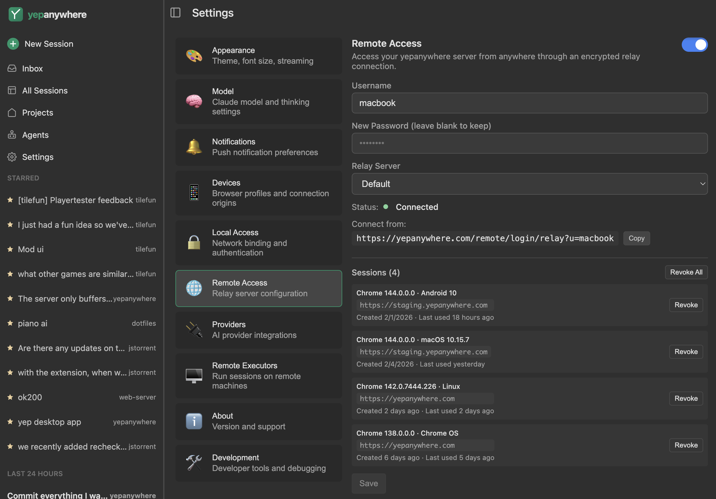 Remote access settings with relay configuration