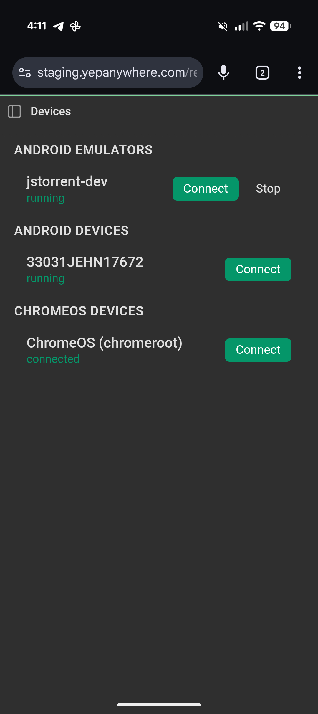 Device list showing emulators, Android devices, and ChromeOS testbeds