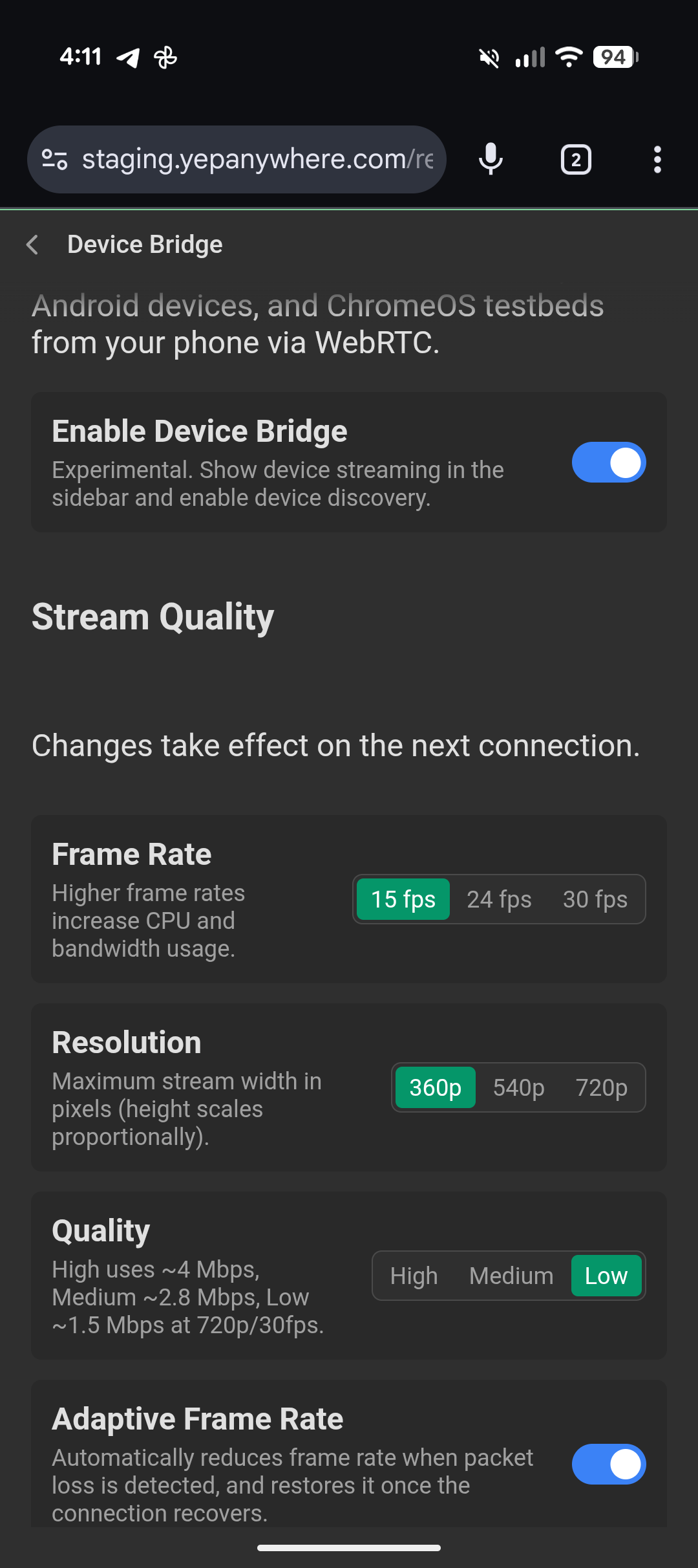 Stream quality settings showing frame rate, resolution, and adaptive quality controls