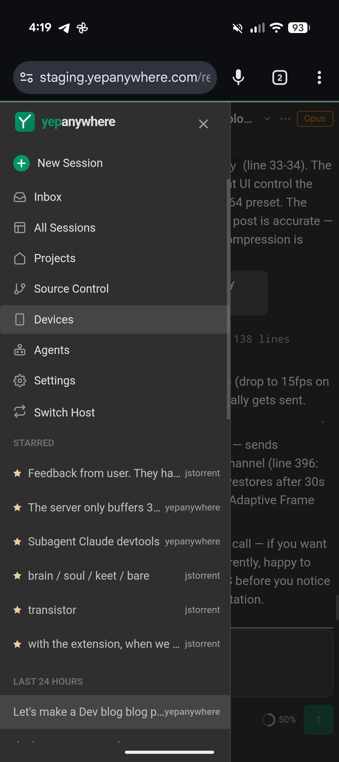 Yep Anywhere sidebar showing Devices tab alongside sessions, projects, and agents