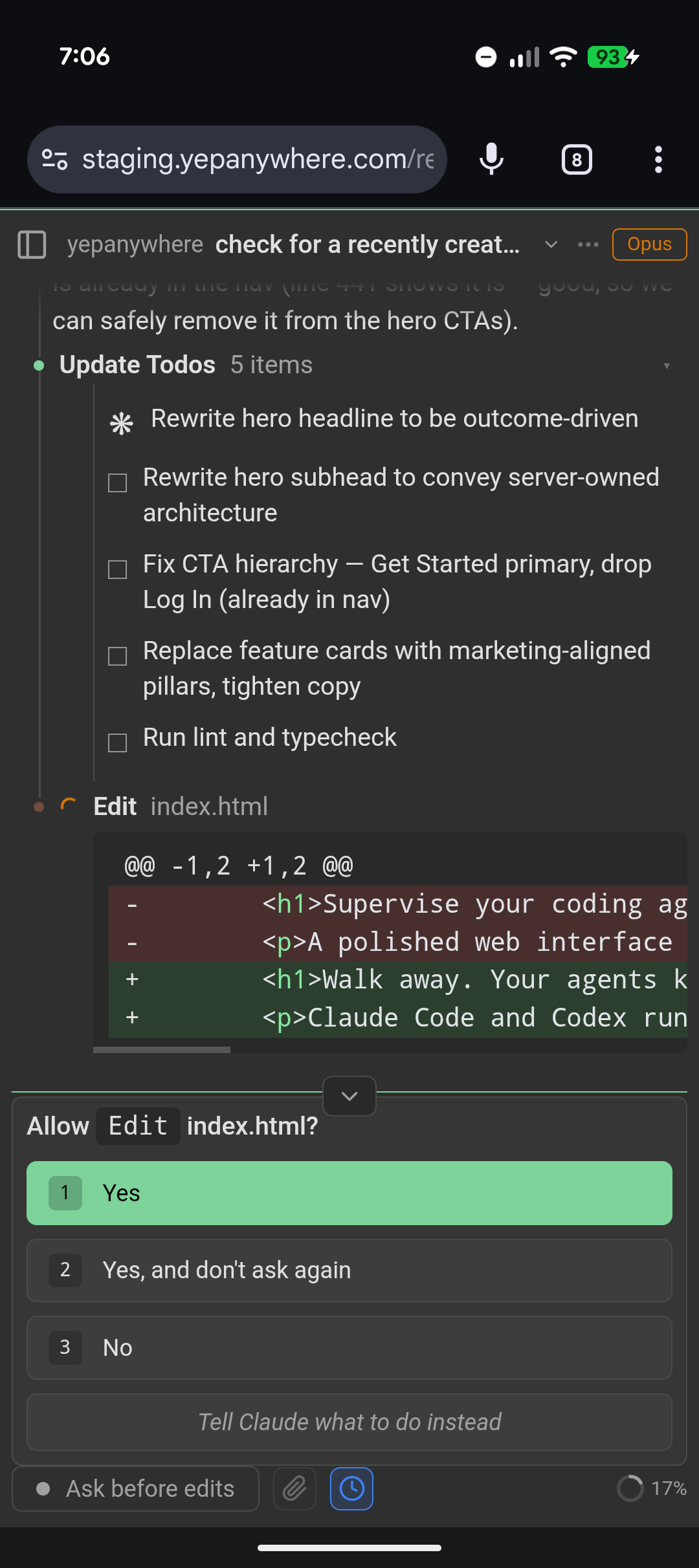 Approving a file edit from phone