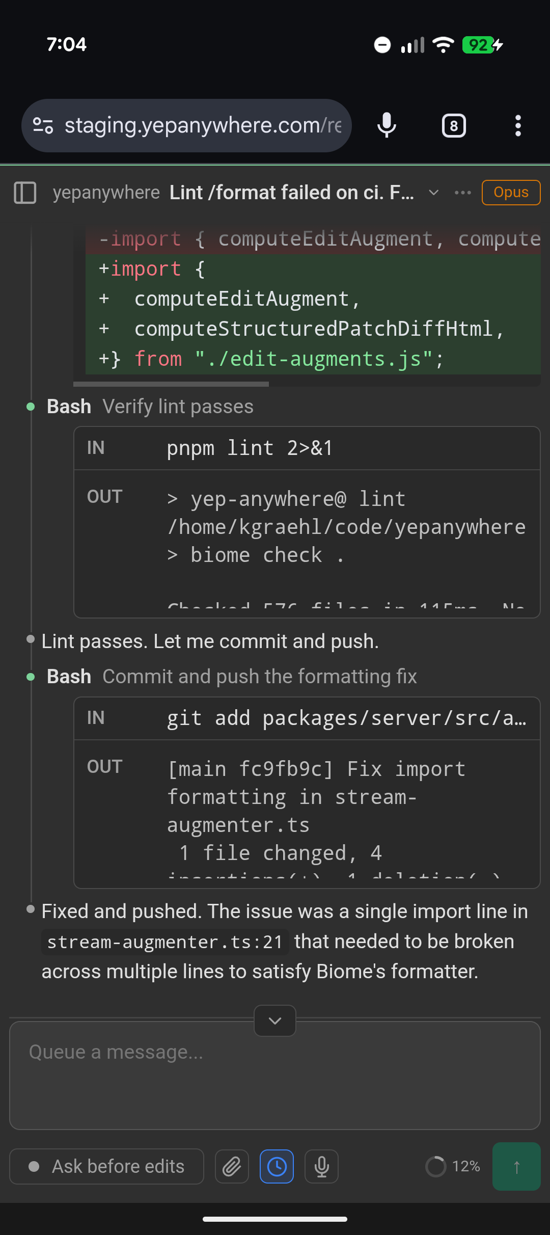 Completed coding session on phone