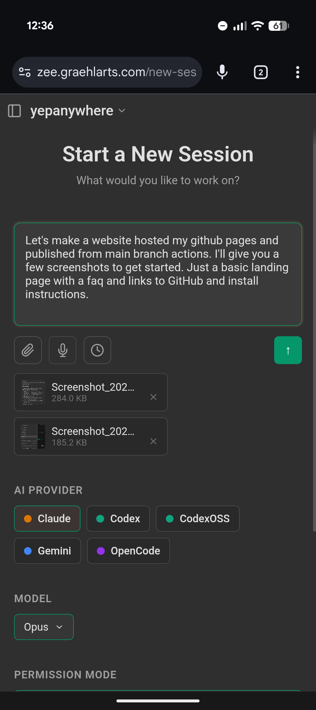 New session screen with provider selection