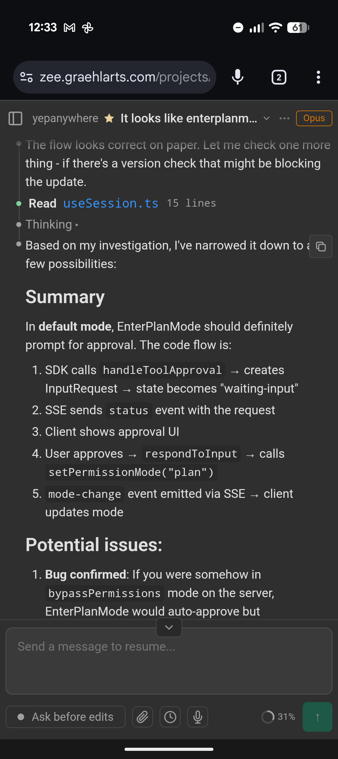 Session view showing agent response